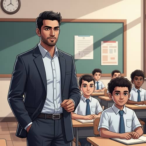 Diverse Classroom with South Asian Teacher in Animation Style