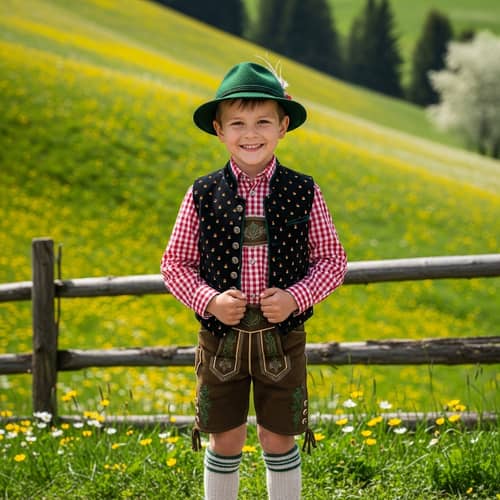 Young German Boy in Traditional Clothing in Vibrant Spring Landscape
