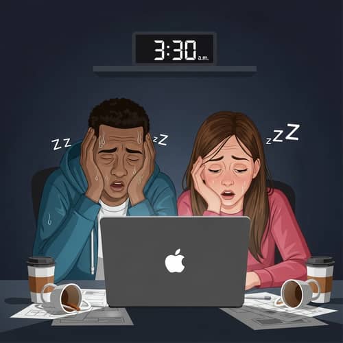 Tired Graphic Designers Burning Midnight Oil | Exhausted Creatives at Work