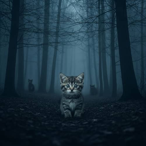Eerie Forest with Adorable Kittens | Mystical Scene