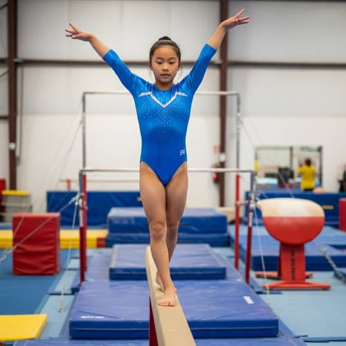 Young Asian Girl Gymnastics Routine on Balance Beam
