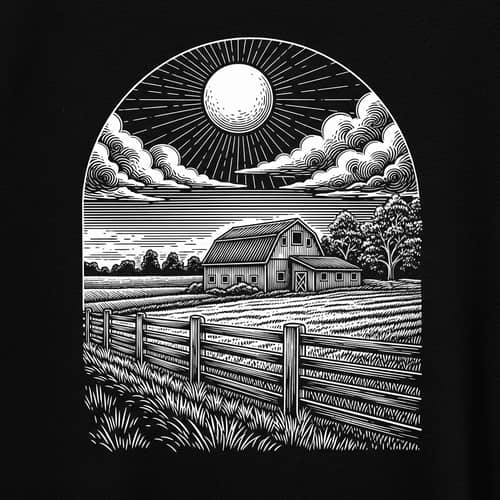 Vintage Farm Scene T-Shirt Design in Black & White