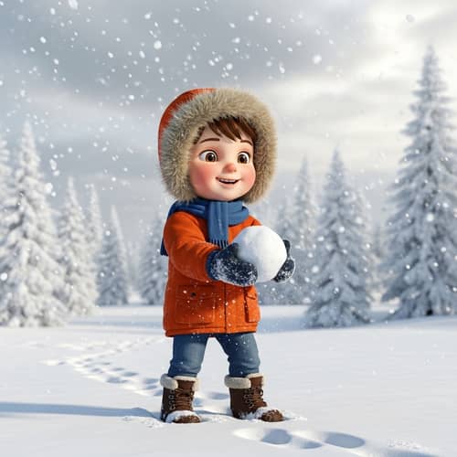 Young Caucasian Boy Playing in Winter Wonderland