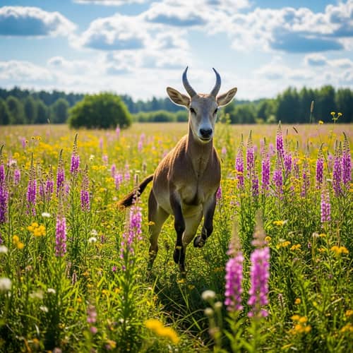 Cheerful Animal Bouncing in Vibrant Field | Exuberant Wildlife Scene