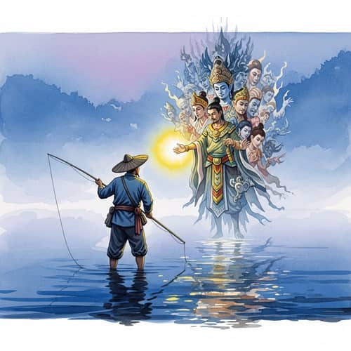 Asian Fisherman Encounter with Divine Being on Misty Lake