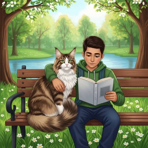Middle-Eastern Boy Reading Book with Maine Coon Cat in Park