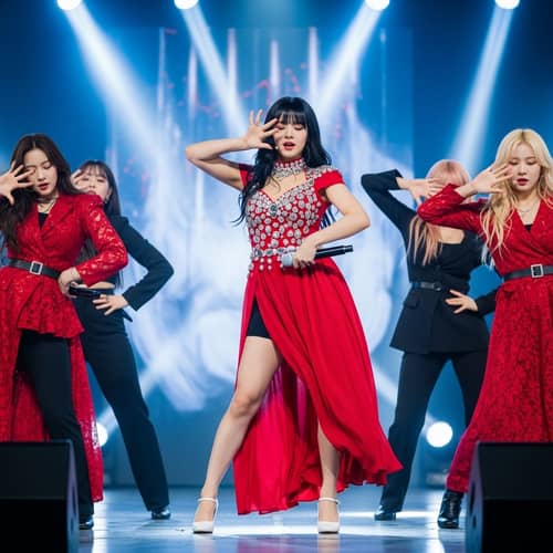K-pop Idol in Red Dress Singing and Dancing on Stage
