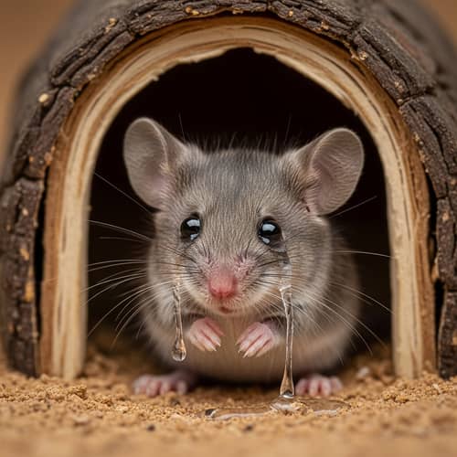 Hyperrealistic Grey Mouse Crying in Tiny Home