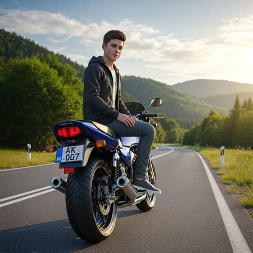 3D Illustration of 17-Year-Old Boy on GTR 350 Bike in Nature
