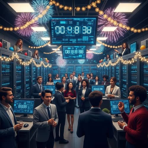 Futuristic New Year's IT Celebration: Diverse People & High-Tech Decor