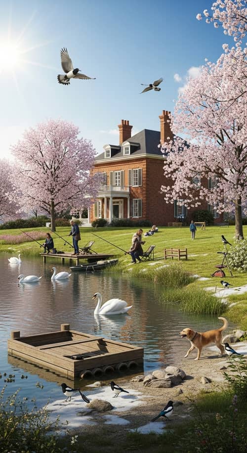Tranquil Spring Scene: Brick House, Pond, Fishermen, Swans