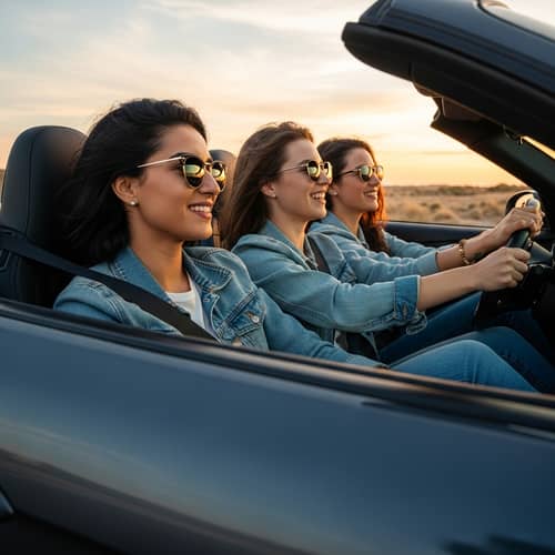 Diverse Girls Driving in Sports Car at Sunset