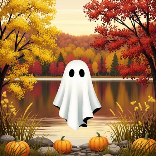 Child-like Ghost Floating above Serene Autumn Lake
