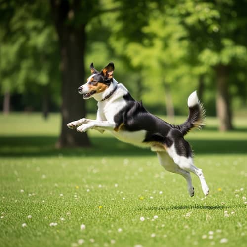 Dynamic Dog Jumping in Lush Green Park