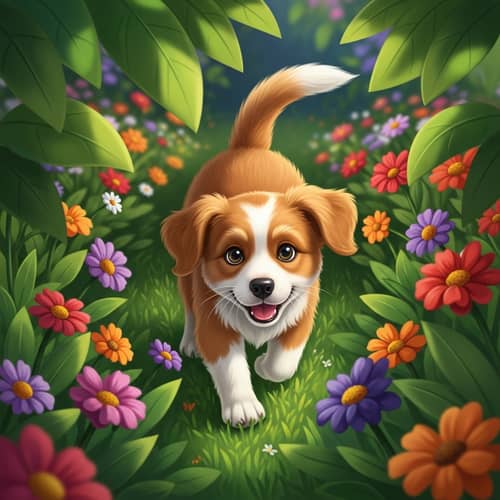 Joyful Puppy Playing in Colorful Garden | Happy Puppy Pics