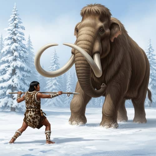 South Asian Hunter Confronts Woolly Mammoth in Ice Age
