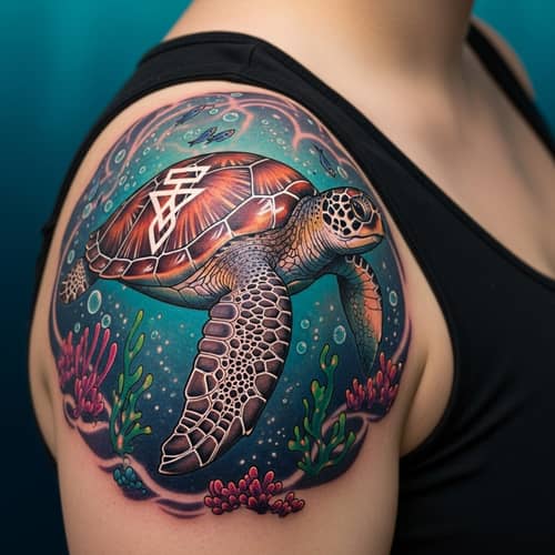 Spiritual Sea Turtle Tattoo Design for Shoulder