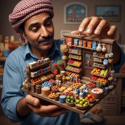 Intriguing Perspective: Middle-Eastern Man Holding Miniature Shop