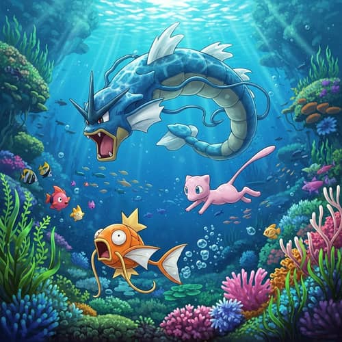 Dynamic Wallpaper of Gyarados and Magikarp Chased by Mew