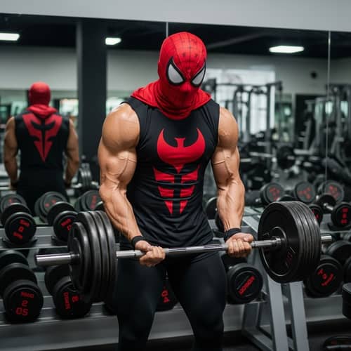 Muscular Character in Red and Black Costume Training at Gym