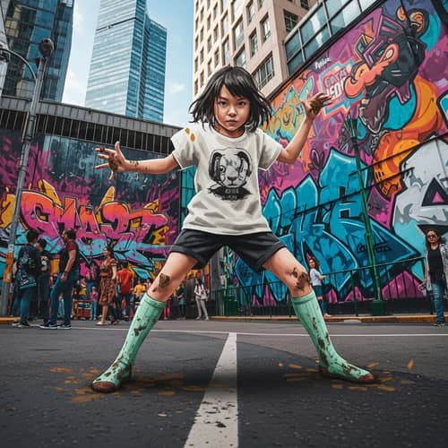 Dynamic Street Art Scene with Energetic Young Girl | Urban Culture