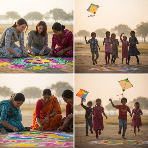 Telugu Village Morning: Diverse Women Creating Rangoli & Children Flying Kites