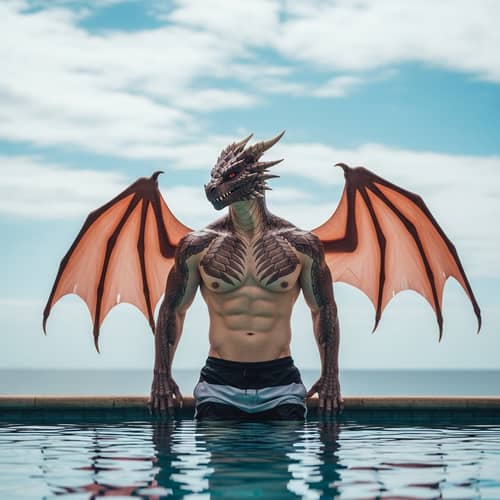 Male Dragon Demi-Human Relaxing by the Pool in Casual Swim Shorts