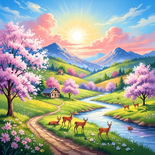 Colorful Watercolor Painting of Idyllic Landscape with Hills, River, and Deer