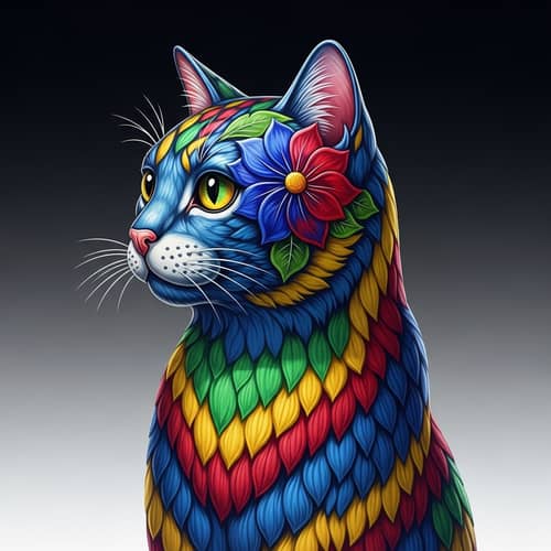 Colorfully Engraved Glass Cat with Flower Detail