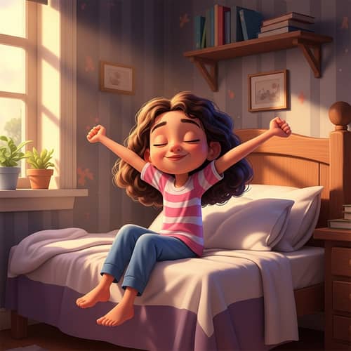 Pixar Style Girl Waking Up in Cozy Bedroom
