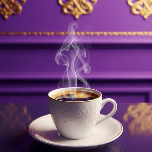 Delicate Espresso Coffee in White Cup with Steam on Royal Purple Background