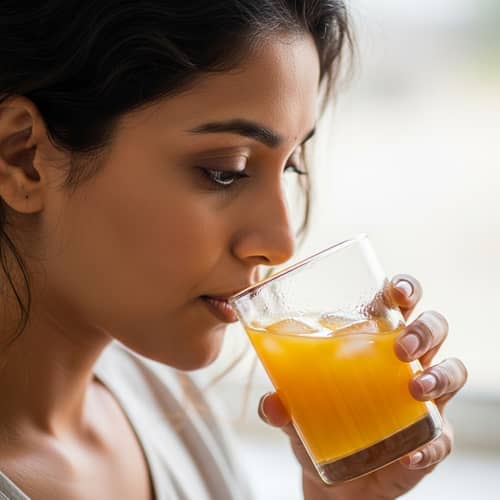 Hyper-Realistic 4K South Asian Woman Drinking Orange Juice
