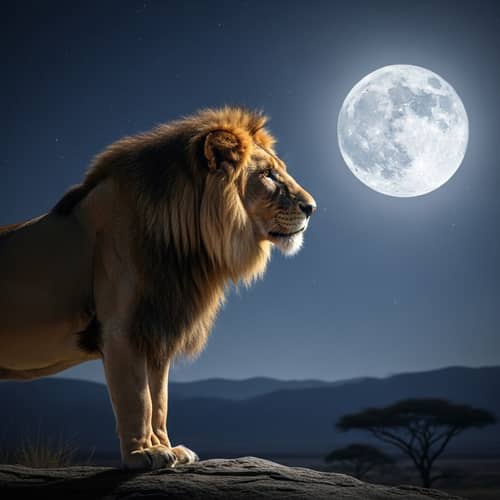 Large-Maned Lion Observing the Full Moon