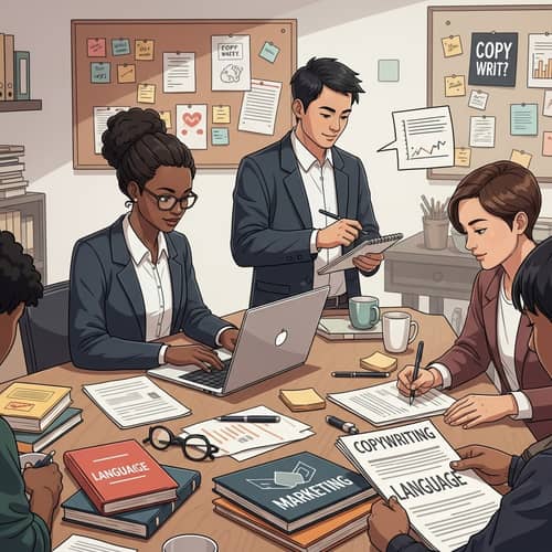 Diverse Group of Copywriters Collaborating in Modern Office