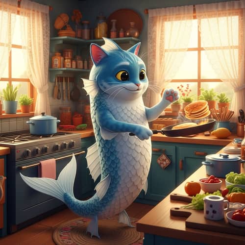 Unique Hybrid Cooking: Fish-Cat Chef in Colorful Kitchen