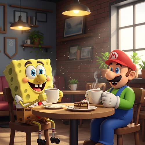 Cartoon Sponge and Plumber at Cozy Cafe | Fun Coffee Moment