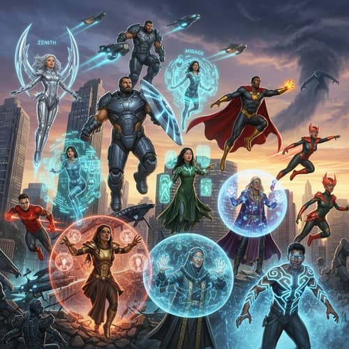 Cityscape Showdown: Epic Battle of Superheroes in A Vibrant Sunset