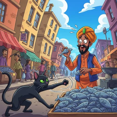 Humorous Cartoon Scene: Black Cat and Fish Vendor Interaction