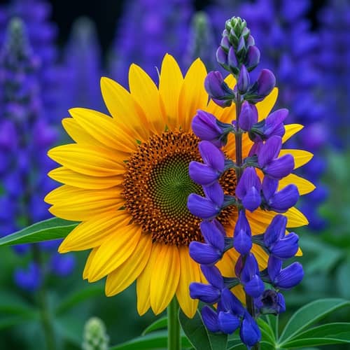 Vibrant Composite Flower: Sunflower, Salvia, Lupine | Detailed Botanical Photography