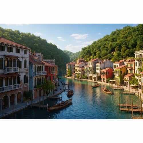 Tranquil Riverside Settlement with Boats and Forest Views