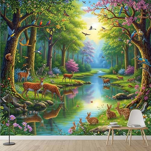 Nature Mural Depicting Harmony of Forest Wildlife
