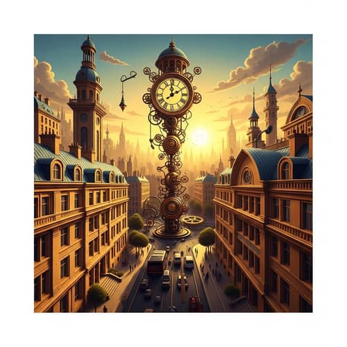 Surreal Clockwork City at Sunset | Steampunk Surrealism