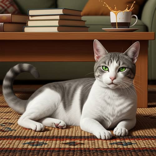 Sleek White and Gray Domestic Cat Lounging | Living Room Scene
