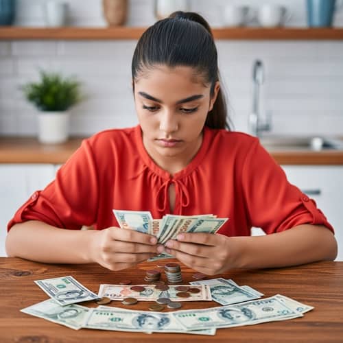 Hispanic Teenage Girl Counting Money at Wooden Table