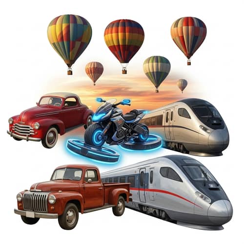Abstract Vehicles: Vintage Car, Hoverbike, Pickup Truck, Train & Hot Air Balloons