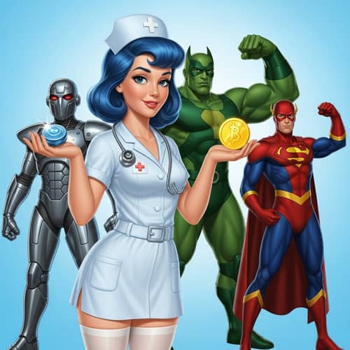 Blue-Haired Nurse in Classic Animation Style with Fantastical Characters