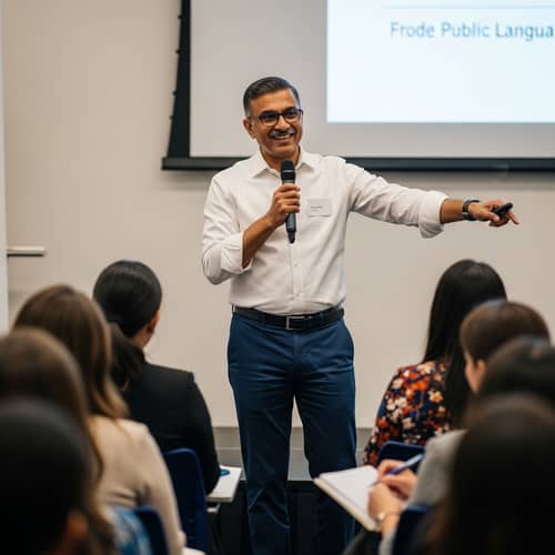 Professional Public Speaking Coach Demonstrating Effective Body Language Techniques