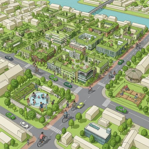 Sustainable City Landscape Painting | Green Spaces & Urban Life