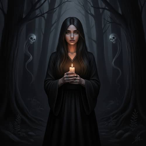 Mysterious Middle-Eastern Witch in Dark Forest with Flickering Candle