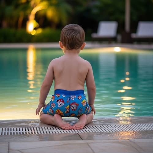 Toddler in Paw Patrol Swim Shorts by Poolside